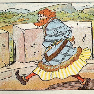 Vintage illustration, Cartoon of Worried medieval noble pacing up and down on top of a castle tower