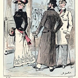 Vintage illustration, Smartly dressed men and woman, Victorian fashion, French