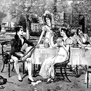Young man sitting at restaurant table outdoor flirting with 4 young women
