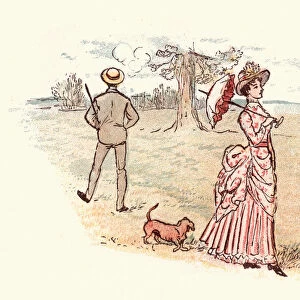 Young victorian woman walking with her dog