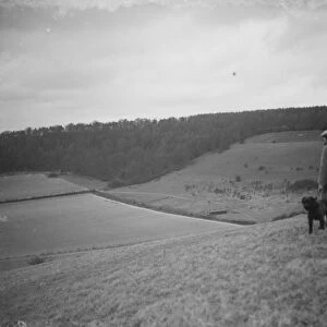 A farmer and his dog stands to view his fields at Preston hill farm estate