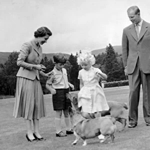 Royal Family play with their corgis. Queen Elizabeth and the Duke of Edinburgh with