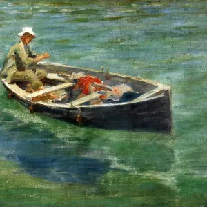 A man sculls in a small boat on calm waters A man sculls in a small boat on calm waters