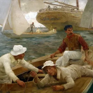 Print of The Run Home, a oil on canvas depiction of three men at the helm Print of The Run Home, a oil on canvas depiction of three men at the helm