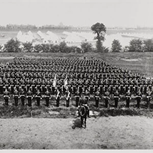 3rd Bn Suffolk Regiment formed up with a tented camp in the background, Colchester