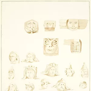5 Grotesque Heads in the Belfry of Bristol Cathedral and 12 others (pencil & w / c on paper