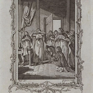 The Abbess of Coldingham Monastery cutting of her nose and upper Lip as an example for her Nuns to follow, to prevent being Ravished by the Danes (engraving)