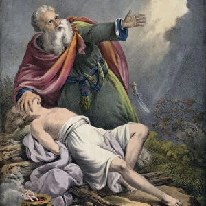 Abraham offering up his son Isaac (coloured engraving)
