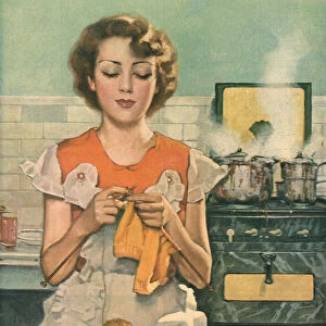 Absentminded Woman Knitting in Her Kitchen, 1935 (screen print)