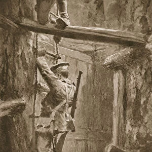 Acting-Second-Corporal O Brien descending a shaft with an officer to search for