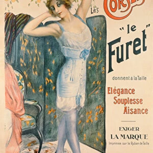 Advertisement for Le Furet corsets (colour litho)