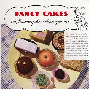Advertisement for McDougalls Self-Raising Flour, showing Fancy Cakes, 1937 (colour litho)