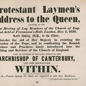 Advert for the Protestant Laymans Address to the Queen (engraving)