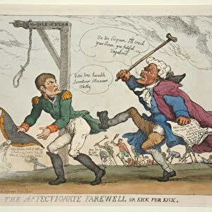 The Affectionate Farewell or Kick for Kick, pub. 1814 (hand coloured engraving)