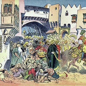 Aladdin riding through the streets of the city and throwing money aroud him Illustration by Albert Robida (1848-1926) for the tale "Aladin and the wonderful lamp" in " les mille et une nuits"