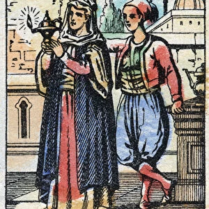 Aladin wears the magic lamp to his mother. Engraving of the tale of Thousand