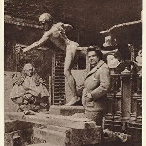 Alfred Gilbert, English sculptor at work on Eros, 1886