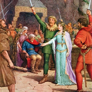 We all stand by Sir Guy, illustration from Robin Hood and his Life in the Merry Greenwood, told by Rose Yeatman Woolf, published by Raphael Tuck, 1910-20 (colour litho)