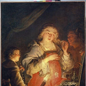 Allegorie de la vanite (Allegory of Vanity). Une jeune femme aux cheveux blonds se coupe une meche de cheveux avec une paire de ciseaux devant miroir tenu par un homme, un enfant l eclaire avec un flambeau