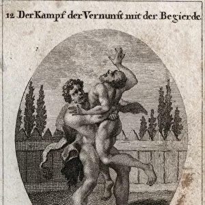 Allegory of the fight of reason and appetite. The earthly and carnal appetite is depicted by Ante and Hercules (Heracles) symbolizes reason, strength and courage that takes away and stifles Ante