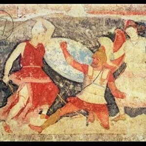 Two Amazons in combat with a Greek, from Tarquinia, 370-360 BC (wall painting)