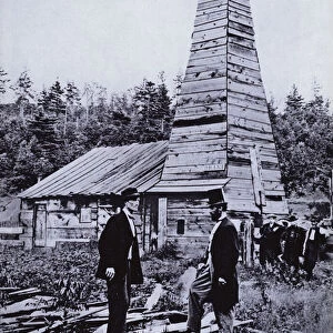American businessman Edwin Drakes oil well, the first in the United States, Titusville, Pennsylvania, 1859 (b / w photo)