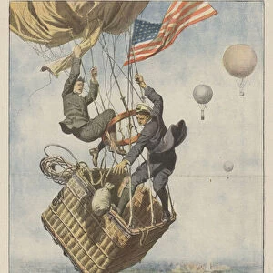 The American Conqueror balloon that crashes from 300 meters during the race for the Gordon Bennet Cup, in Berlin (colour litho)