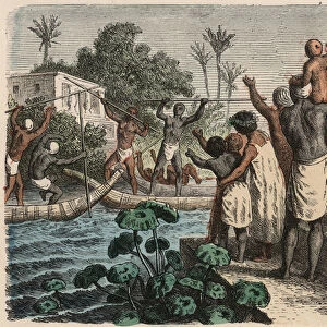 Ancient Egypt: water jousting, 1866 (coloured engraving)