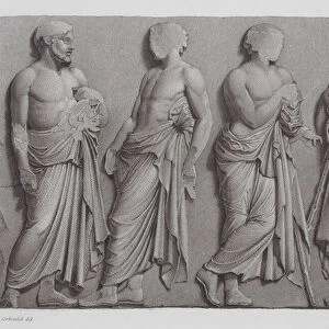 Ancient Greek marble relief from the Parthenon Frieze (engraving)