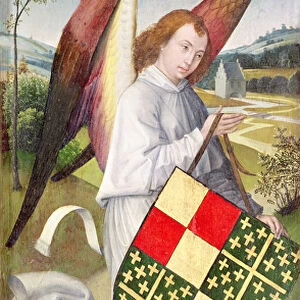 Angel holding a shield emblazoned with the heraldic arms of the de Chaugy and Montagu arms