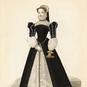Anne of Pisseleu, Duchess of Etampes, mistress of King Francis I, 1508-1580. She wears a chaperon headdress, velvet especially with lace ruff collar, jeweled choker, slashed sleeves with high shoulderpads, damask petticoat, and chain belt