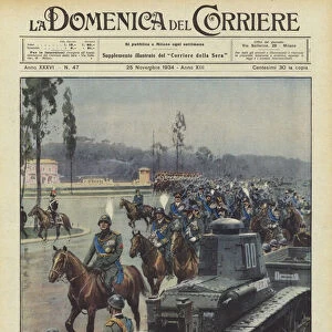 On the anniversary of the birthday of Vittorio Emanuele III, the Duce reviewed the Armed Forces of Rome (colour litho)