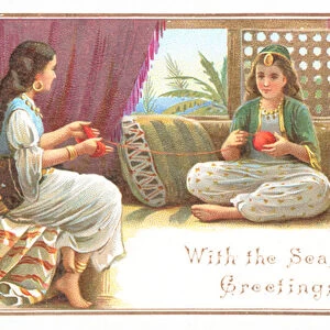Arabic Ladies with Ball of Wool, Christmas Card (chromolitho)
