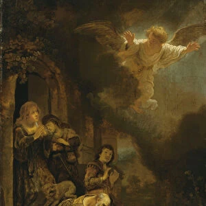 The Archangel Raphael taking leave of Tobit and his family (oil on panel)