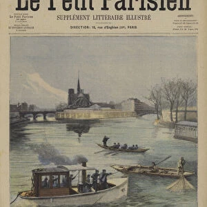 Arrest of poachers by the police boat La Mouette on the River Seine in Paris (colour litho)