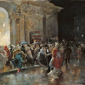 Arriving at the Theatre on a Night of a Masked Ball - Lucas Villaamil, Eugenio (1858-1919) - c. 1895 - Oil on wood - 31x40 - Museo Carmen Thyssen, Malaga