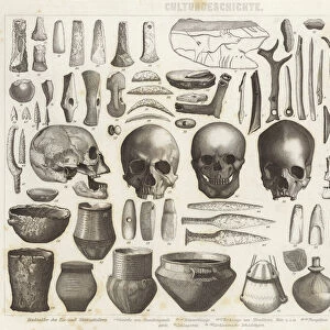 Artefacts from the Ice and Stone Ages. Illustration for Bilder-Atlas (engraving)