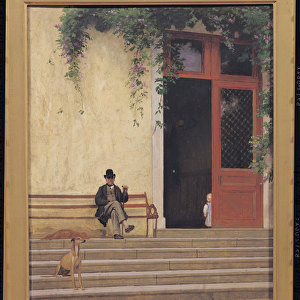 The Artists Father and Son on the Doorstep of his House, c. 1866-67 (oil on panel)