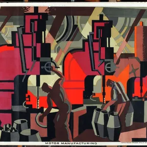 Colour lithograph print of a motor manufacturing scene Colour lithograph print of a motor manufacturing scene
