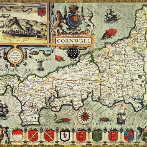 Cornwall Map Print, hand-coloured engraving, 1627 edition Cornwall Map Print, hand-coloured engraving, 1627 edition