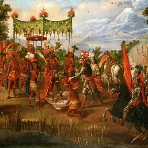Hernan Cortes meets Emperor Moctezuma Print, 16th Century Hernan Cortes meets Emperor Moctezuma Print, 16th Century