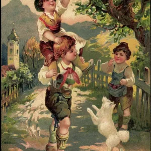 Embossed Print of Bavarian Children in Costume with a Pointed-Hatted Dog Embossed Print of Bavarian Children in Costume with a Pointed-Hatted Dog