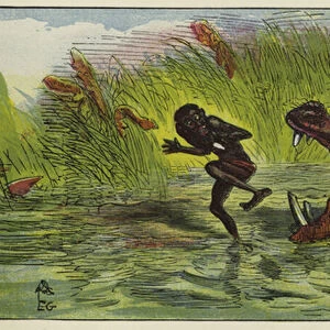 Ashanti man being menaced by a hippopotamus (colour litho)