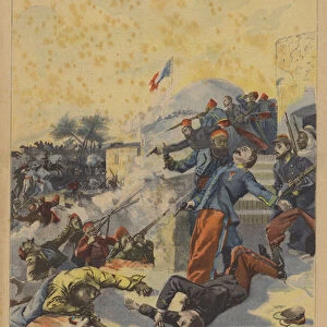 Attack on the French fort of Timimoun in Algeria (colour litho)
