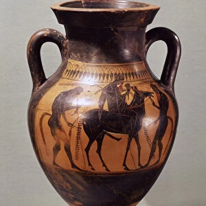 Attic black, figure amphora depicting Dionysus on a mule and two Silenes, c