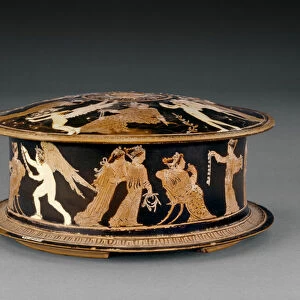 Attic red-figure pyxis decorated with women and erotes or cupids