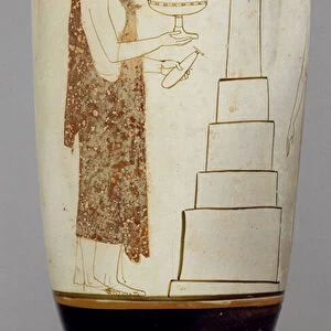 Attic white-ground lekythos showing a woman and youth at a tomb (ceramic)