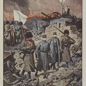 The Austrian fortress in Przemysl surrenders after 5 months of struggle, officers led to the district... (colour litho)