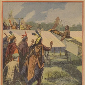 The aviator Count Jacques de Lesseps proclaimed a great chief by the Iroquois at Montreal (colour litho)