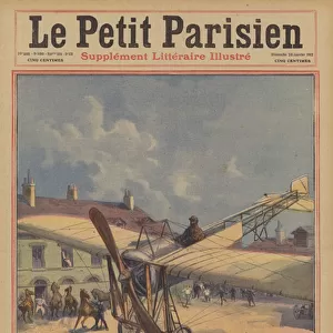 An aviator making an audacious landing in the courtyard of a French Army barracks (colour litho)